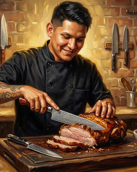 Óleo de Chef Sigi cocinando y cortando un asado en su cocina.