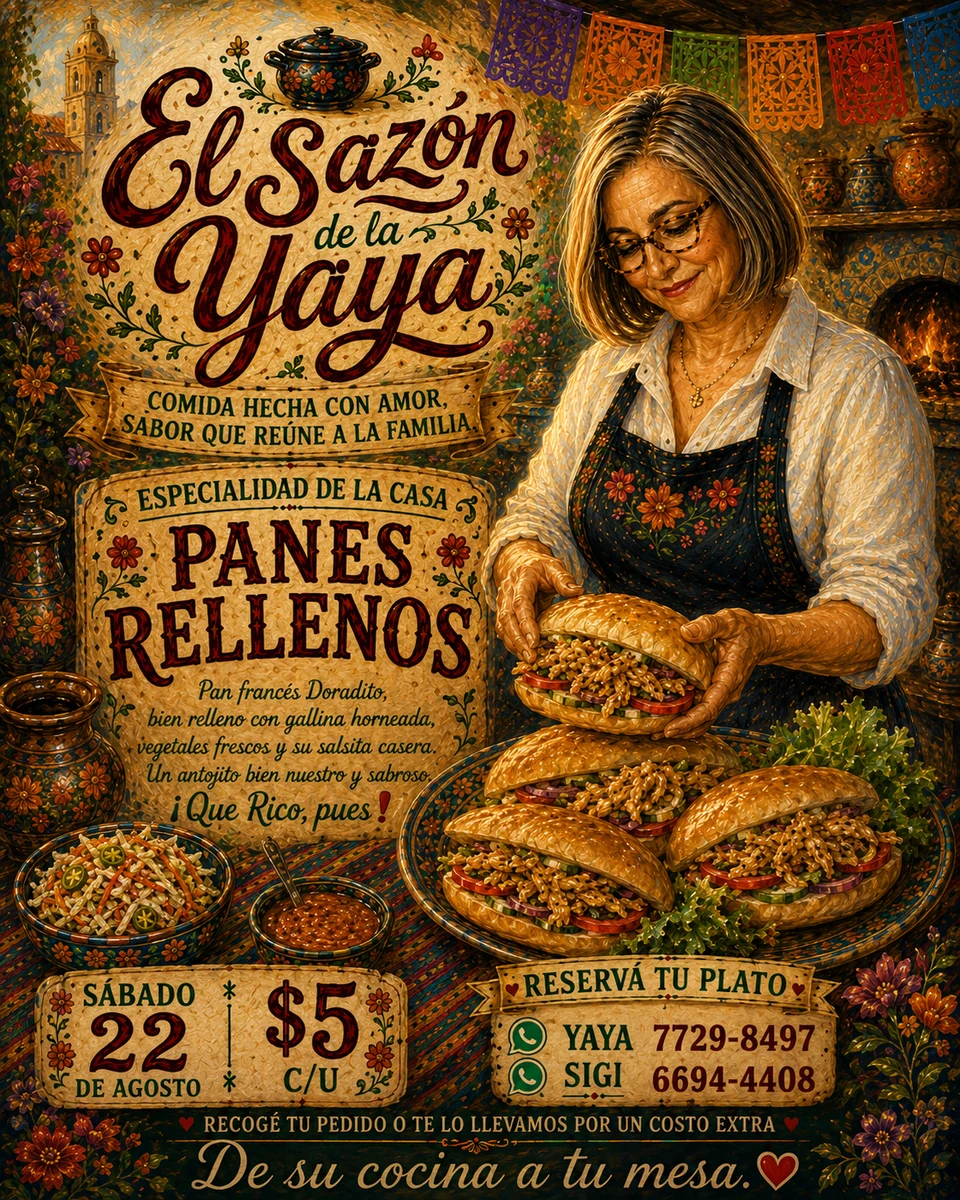 Afiche histórico de la Yaya para Panes Rellenos. Los datos vigentes están en la nota grande de esta vitrina.