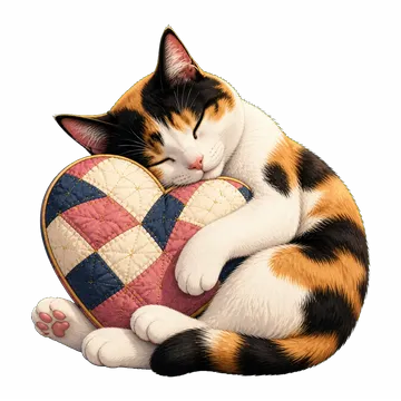 Retrato artístico de Bonnie, la gata calicó de SalchiLuna, abrazando un corazón acolchado.