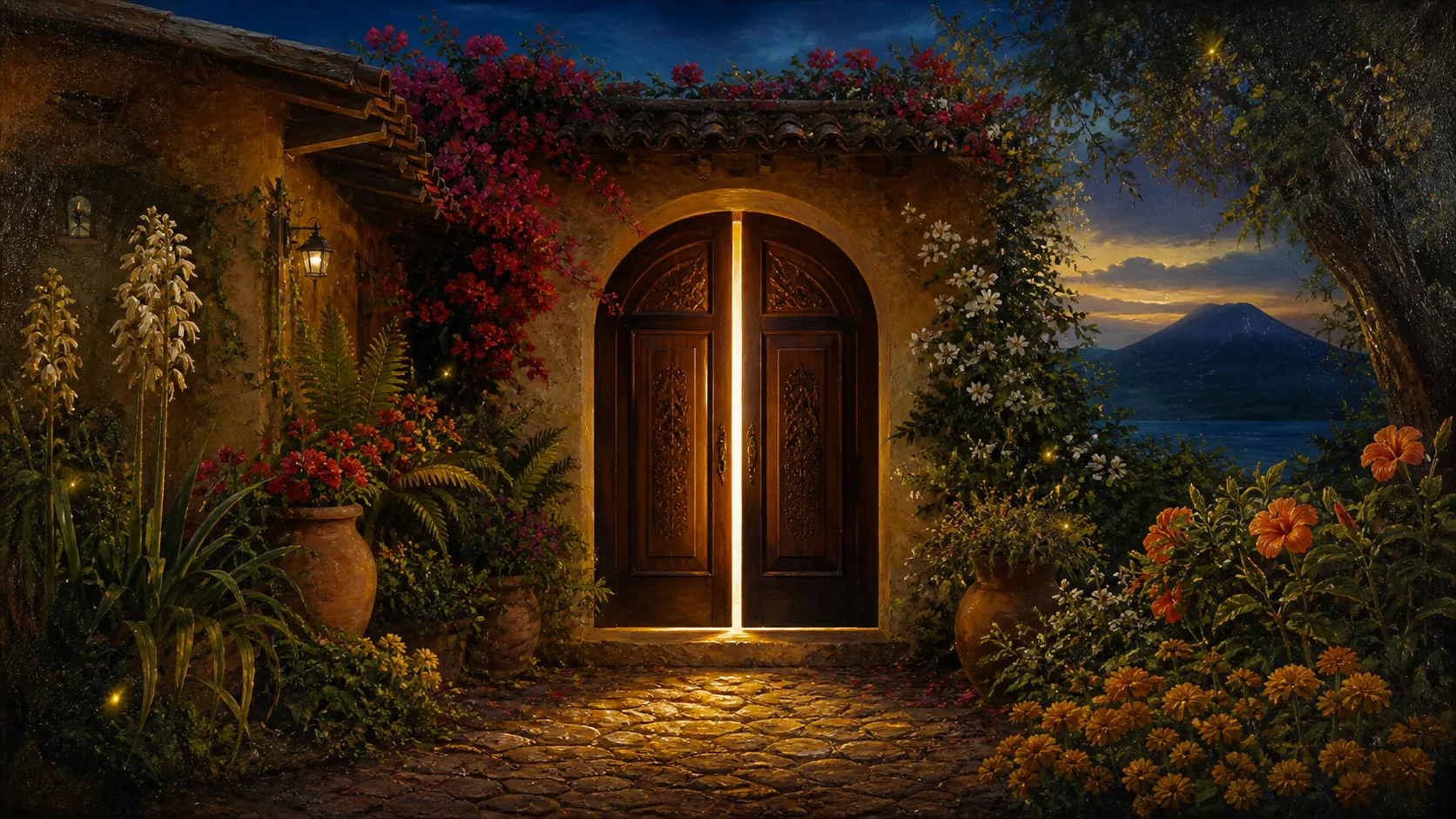 Pintura al óleo: un sendero de flores lleva a una puerta de madera con luz cálida saliendo por la rendija.