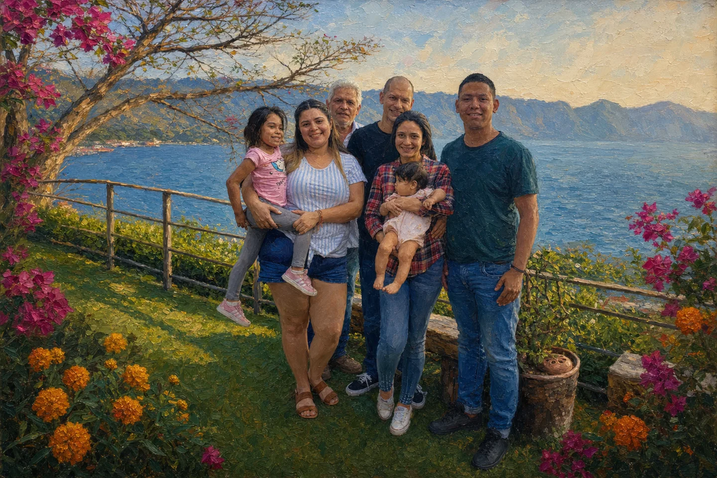 Óleo basado en una foto real de la familia reunida frente al lago de Coatepeque.