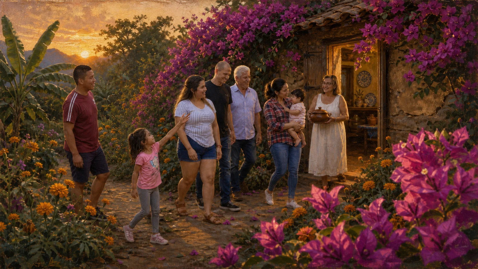 Pintura al óleo creada a partir del archivo familiar: la familia llega por el jardín mientras la Yaya los recibe en la puerta.