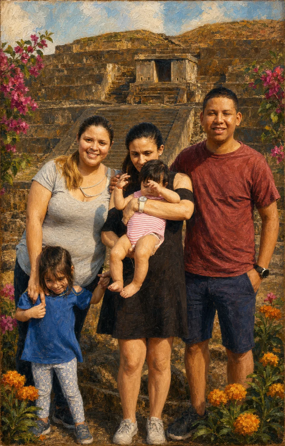 Óleo basado en una foto real de la familia frente a un sitio histórico en El Salvador.