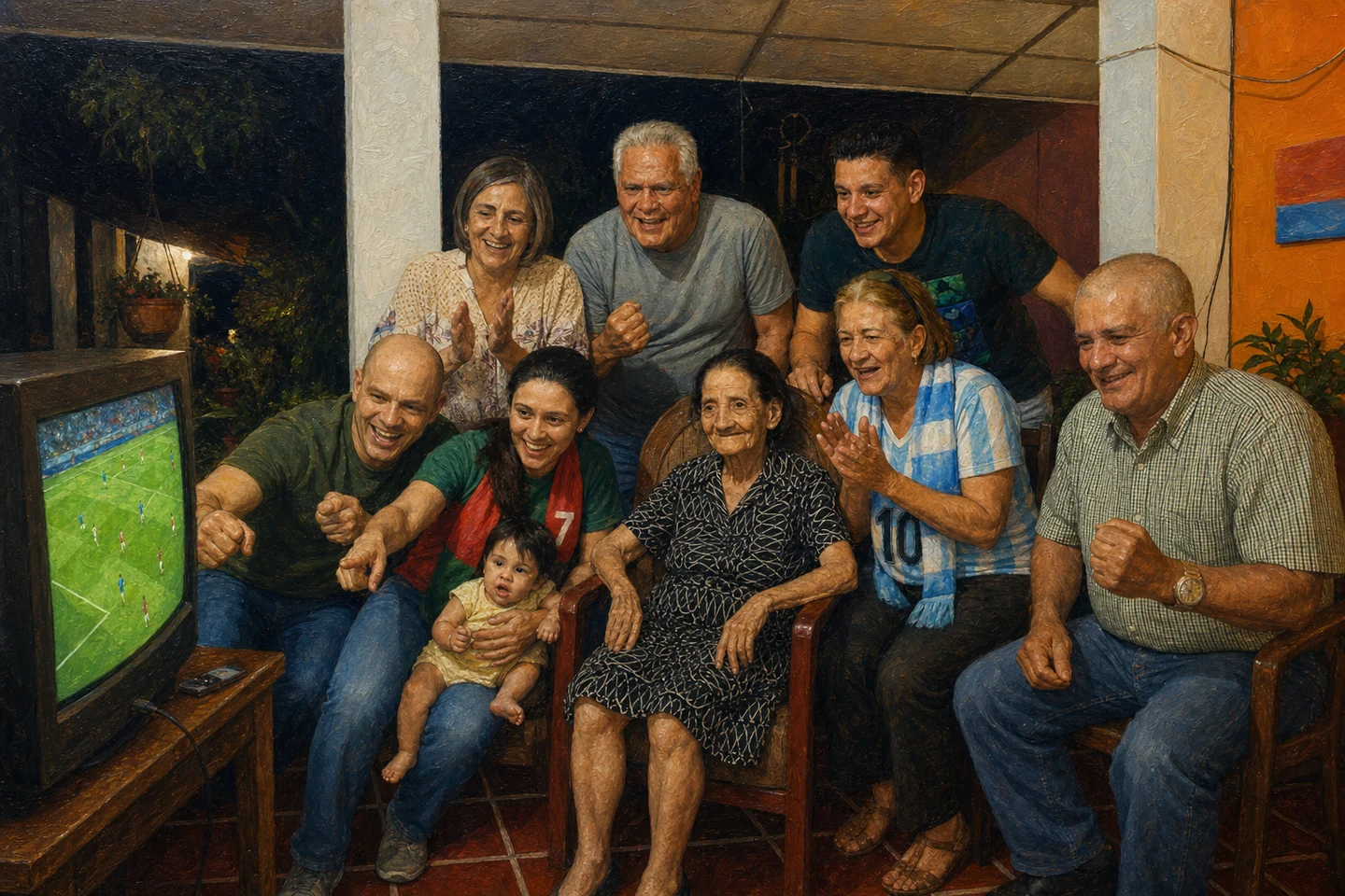 Escena al óleo de los mismos nueve familiares y una bebé compartiendo una tarde de fútbol en el patio.