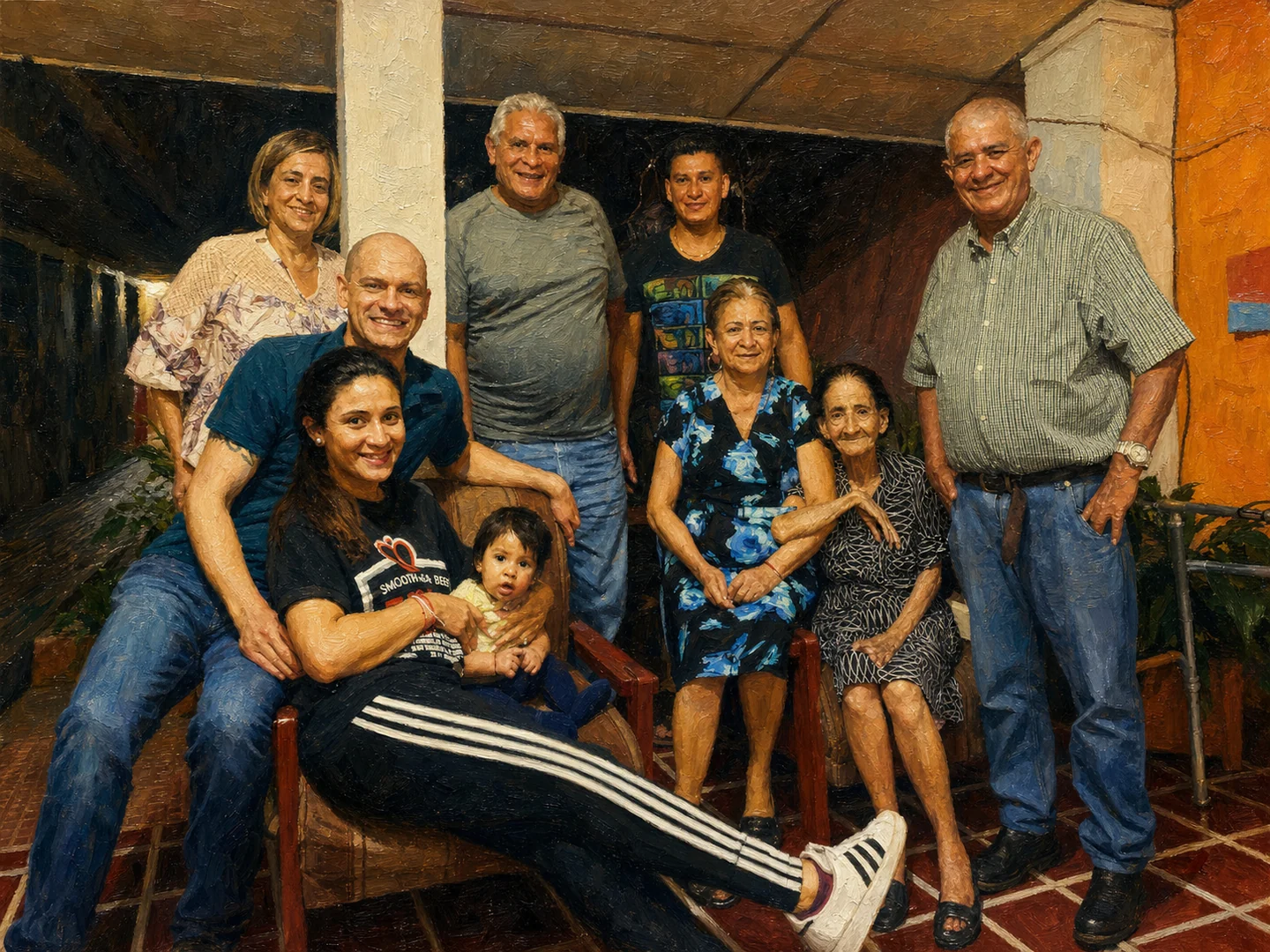 Óleo de nueve familiares y una bebé reunidos en el patio de la mamá de la Yaya.