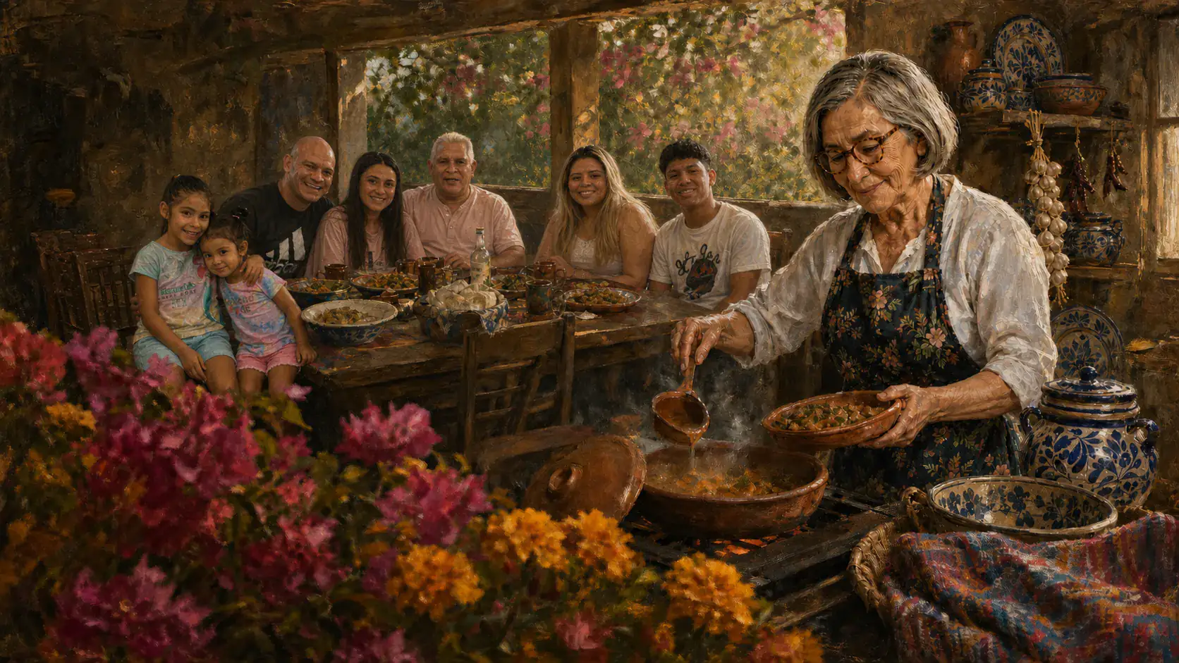Pintura al óleo creada a partir del archivo familiar: la Yaya cocina mientras su familia comparte la mesa entre flores y luz de tarde.