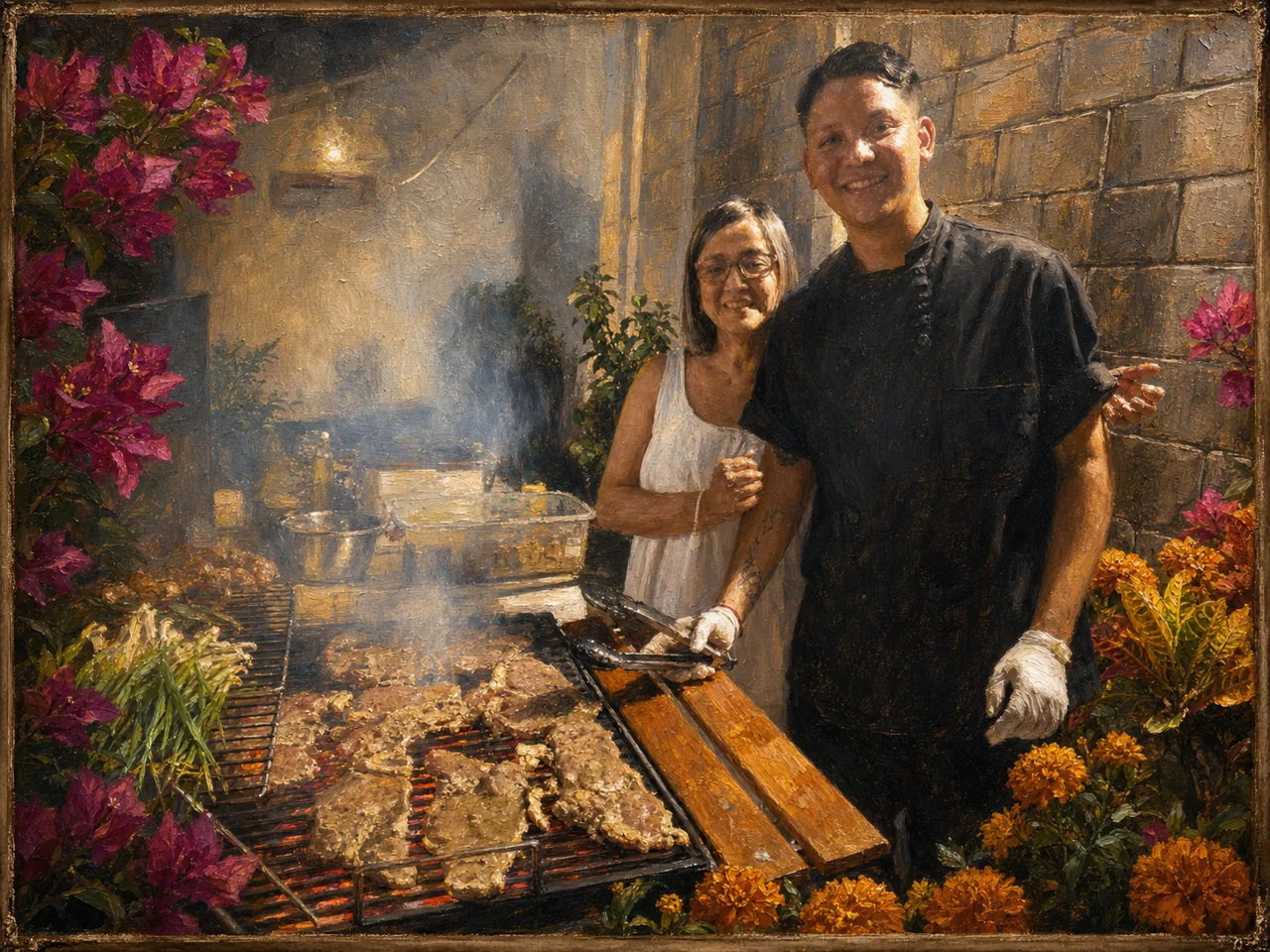 Óleo basado en una foto real de la Yaya y Sigi cocinando juntos junto a la parrilla.