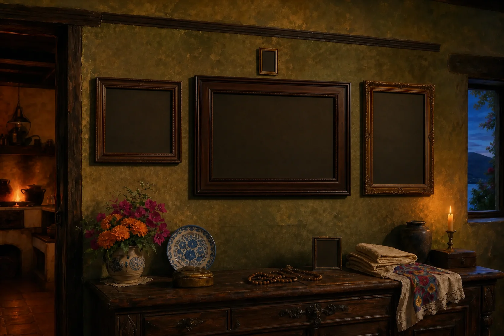 Pintura al óleo: un salón de paredes de yeso con marcos de madera y bronce, flores, loza y la luz del fuego de la cocina.
