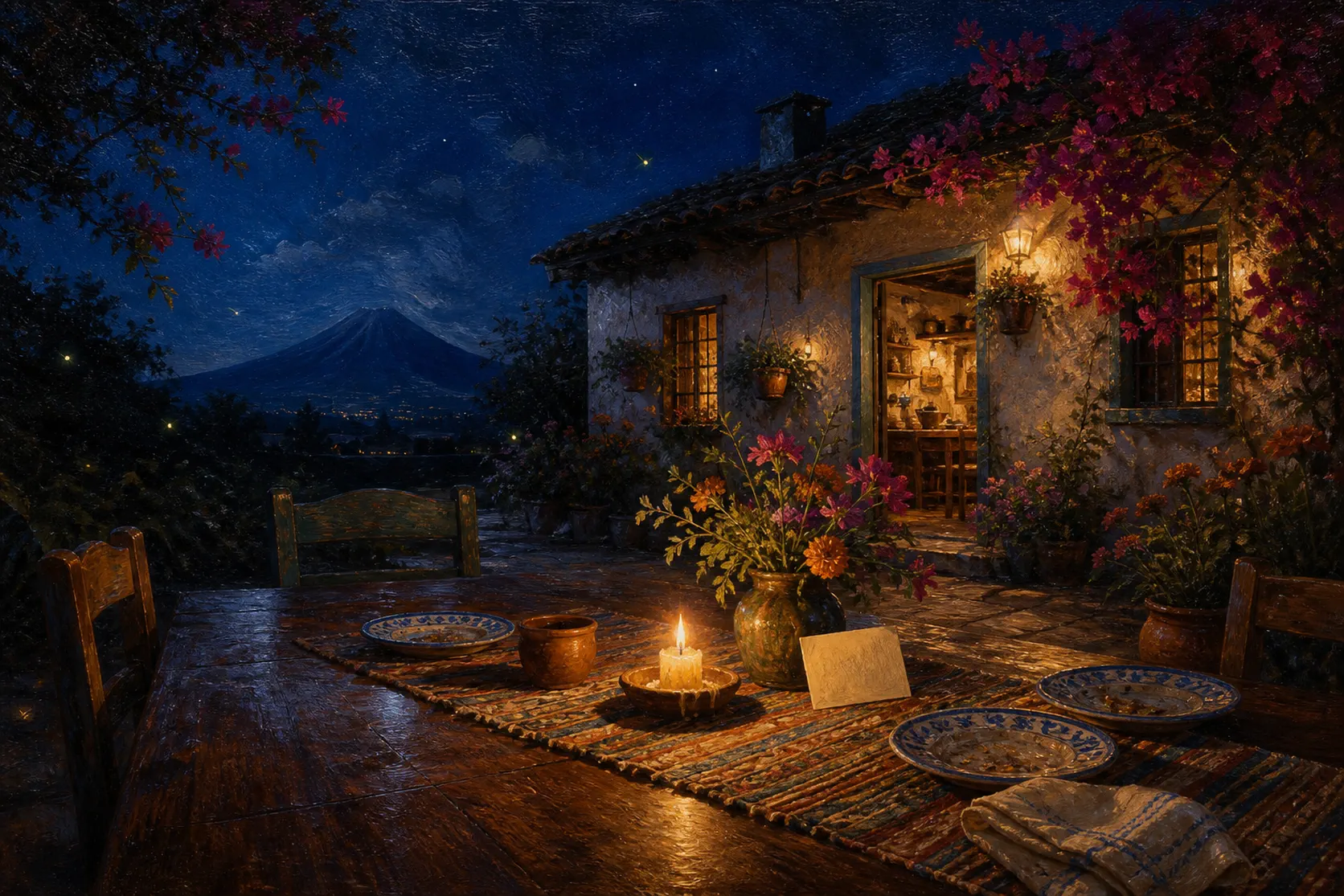 Pintura al óleo: un patio al anochecer — una mesa de madera con una vela encendida, flores y loza azul y blanca vacía, y la puerta de la cocina iluminada al fondo.