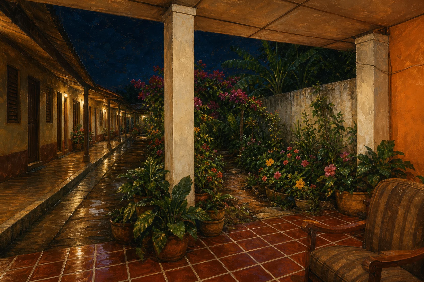 Reconstrucción al óleo del patio de la mamá de la Yaya, con un corredor largo de habitaciones a la izquierda, jardín al centro y muro a la derecha.