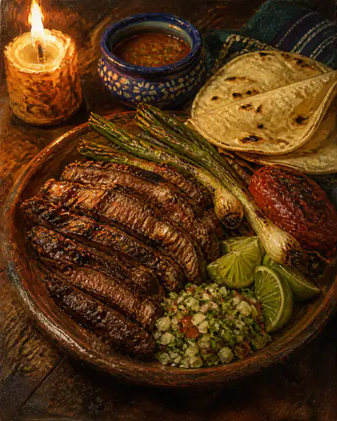 Pintura al óleo de una asada salvadoreña con cebollines, tomate, limón, chimol y tortillas.
