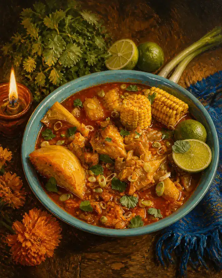 Pintura al óleo de Sopa de Patas montada dentro de la vitrina de la cocina.